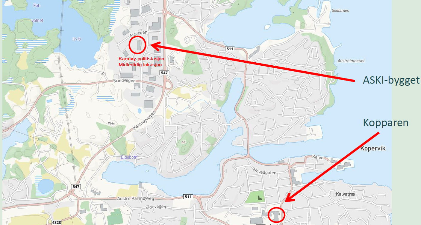 Kartet viser hvor både dagens (og fremtidens) lokaler er, samt de midlertidige.