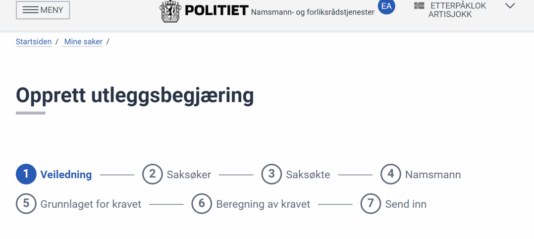 Bildet viser et flytskjema for hvordan du oppretter utleggsbegjæring. Skjemaet har syv punkter: Veiledning, saksøker, saksøkte, namsmann, grunnlaget for kravet, beregning av kravet og send inn.