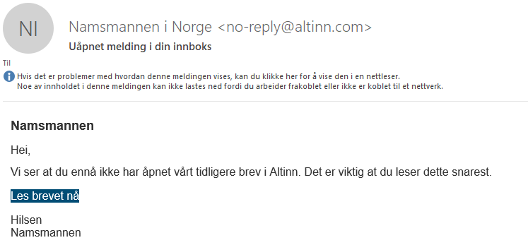Eksempel på bedrageriforsøk via e-post.