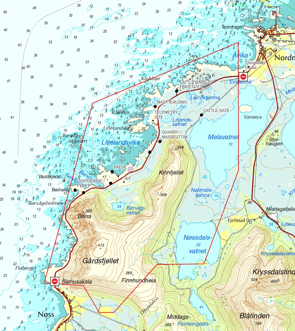 Kartutsnitt hvor området som er dekket av ferdselsforbudet er markert.