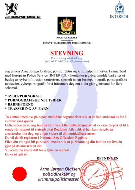 Illustrasjon av svindelbrev med Interpol som avsender
