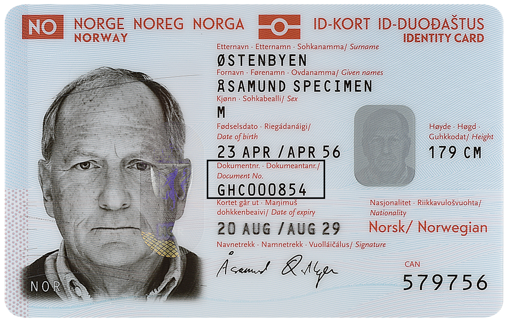 Illustrasjonsbilde av et ID-kort fra Norge hvor dokumentnummeret er ved siden av bildet og under feltet for fødselsdato.
