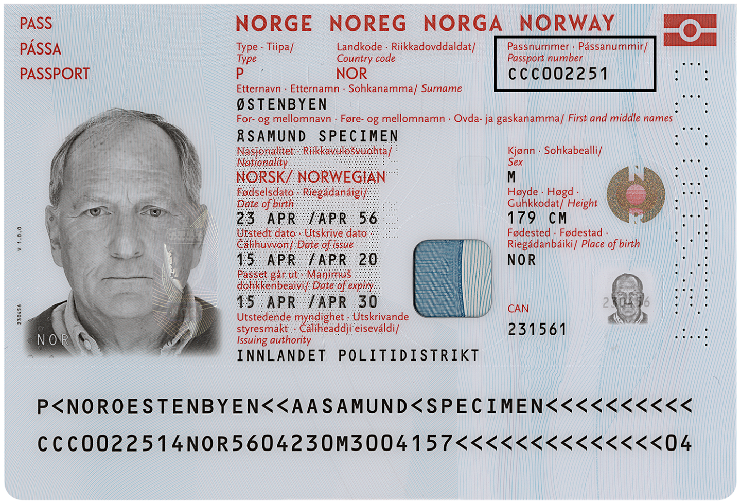 Illustrasjonsbilde av et pass fra Norge hvor dokumentnummeret er øverst til høyre i dokumentet.