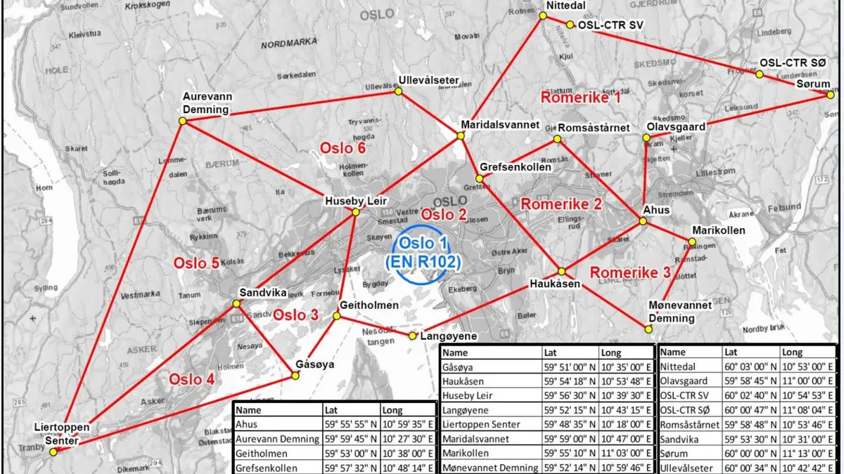 Bildet viser et kart over sonene som gjelder for midlertidige luftfartsrestriksjoner. Disse gjelder fra og med 20. oktober til og med 21. oktober klokken 1800.