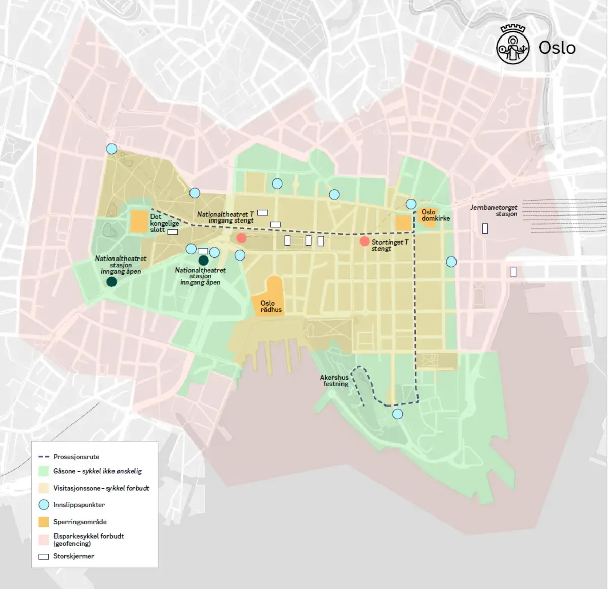 Kart over Oslo sentrum inndelt i rød, grønn og gul sone i forbindelse med gravferden til Kong Harald V. 
