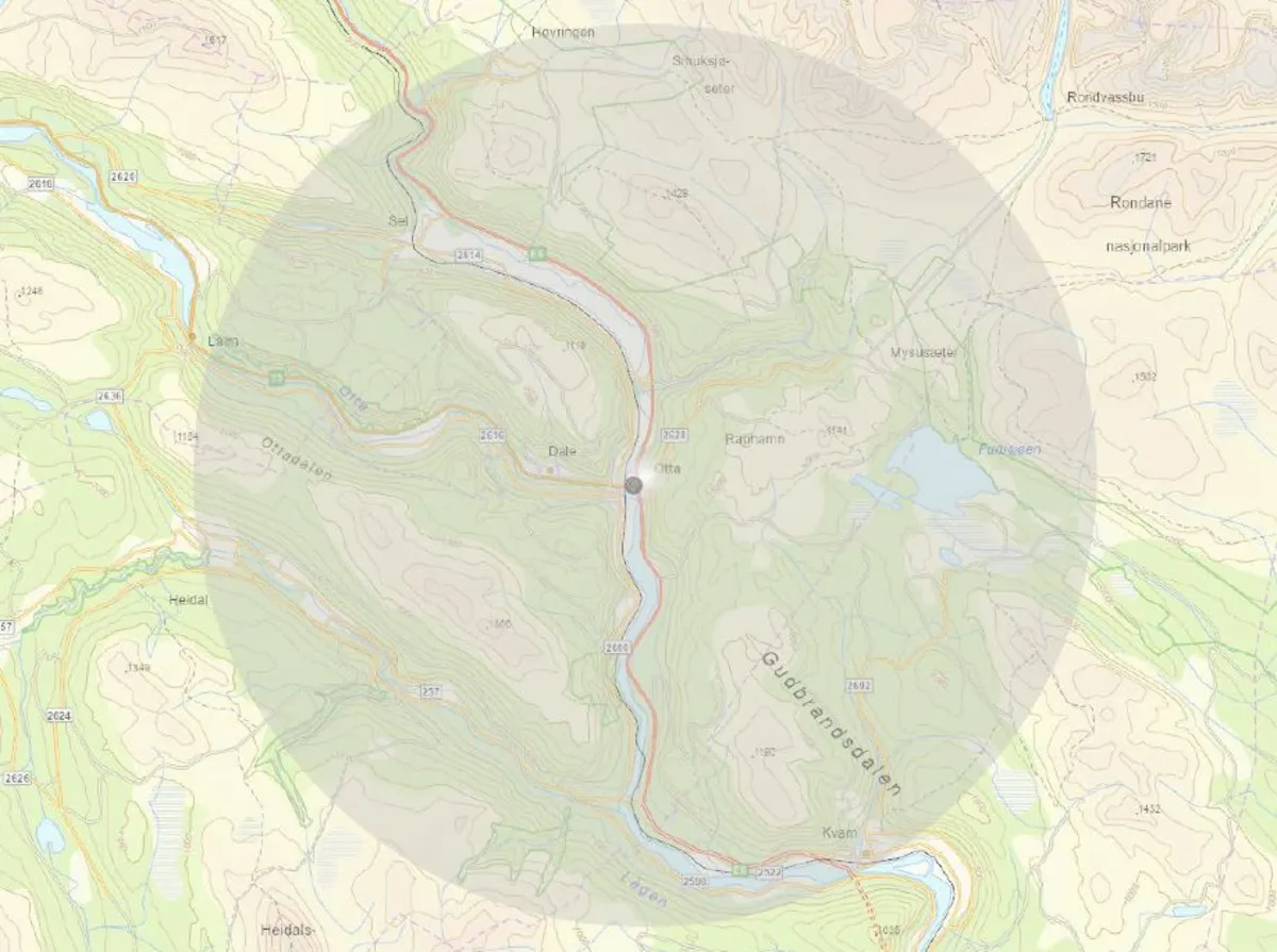 Kartutsnitt over aktuelt område i Sel kommune.